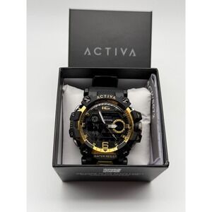 Activa ACW8072-002 Sport Watch Mens Black Gold Analog Digital Chrono 30M New